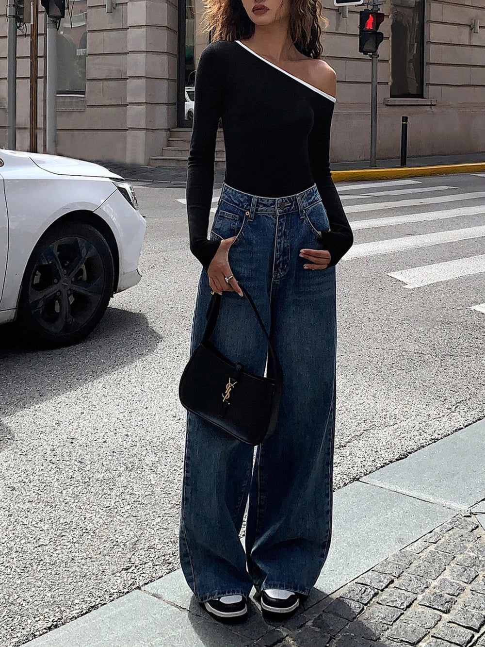 Contrast Trim Off Shoulder Long Sleeve Shirt T Shirts