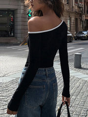 Contrast Trim Off Shoulder Long Sleeve Shirt T Shirts