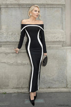 Contrasting Color Waist Wrapped One Shoulder Flared Maxi Dress