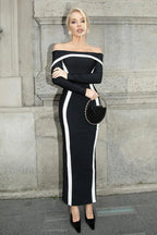 Contrasting Color Waist Wrapped One Shoulder Flared Maxi Dress Black / S