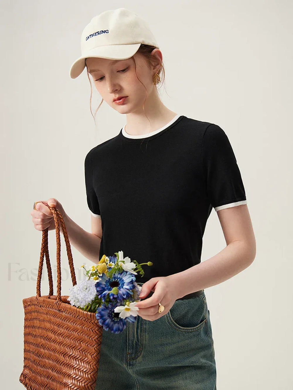 Contrasting Woolen Lyocell Knit T Shirt Black / S