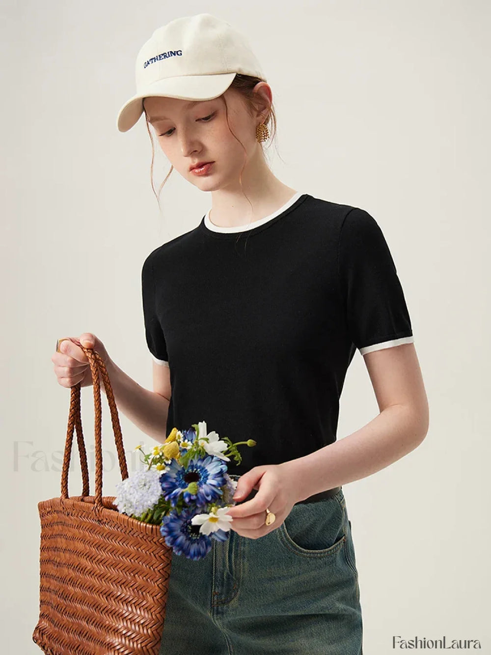 Contrasting Woolen Lyocell Knit T Shirt Black / S