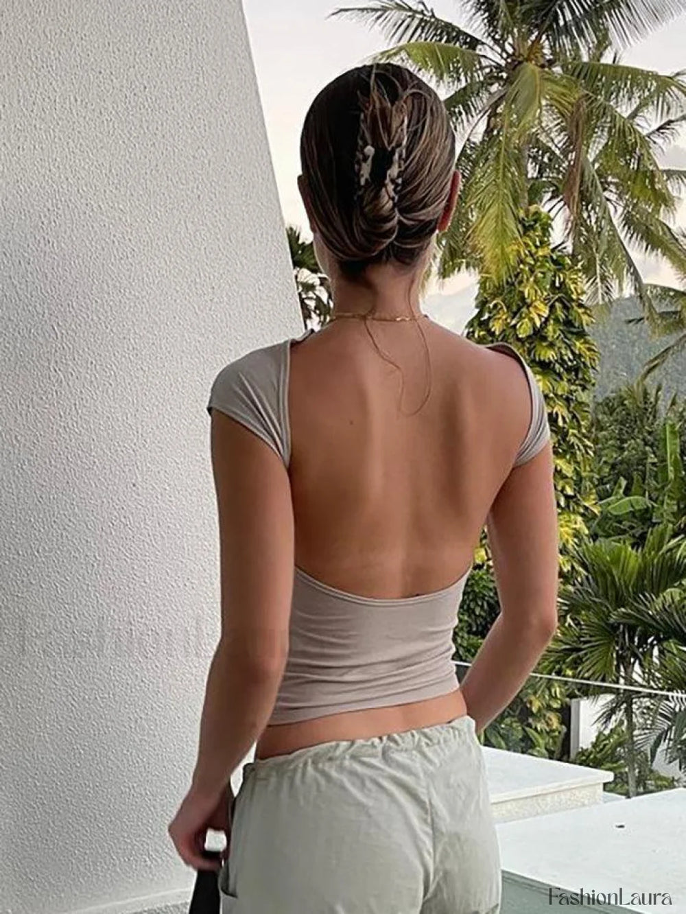 Convertible Open Back Crop Top Khaki / S Tops&Tees