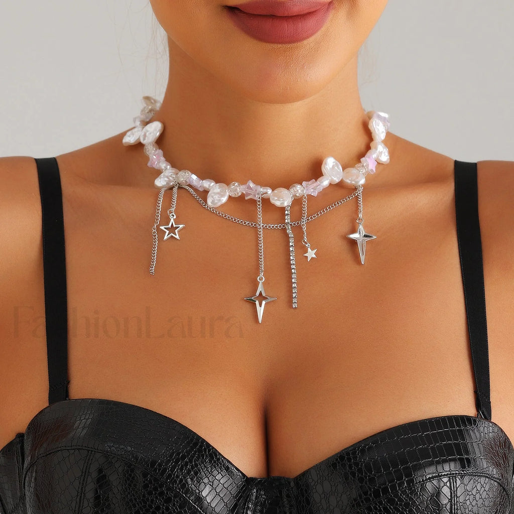 Cool Diamond Style Star Cross Necklace STEEL
