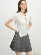 Cooling V Neck Drawstring Crop T Shirt