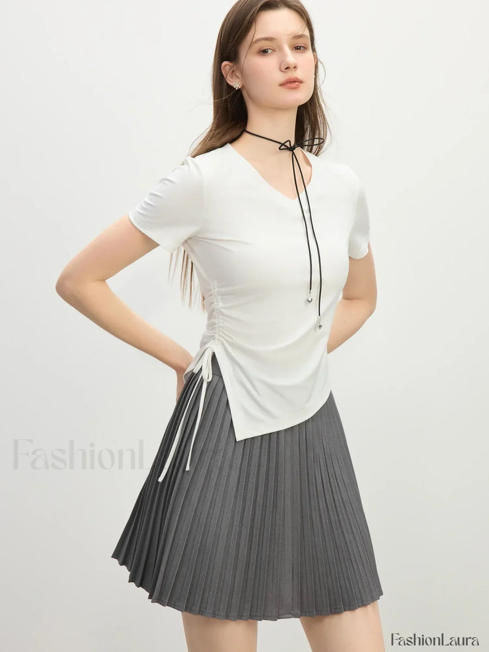 Cooling V Neck Drawstring Crop T Shirt