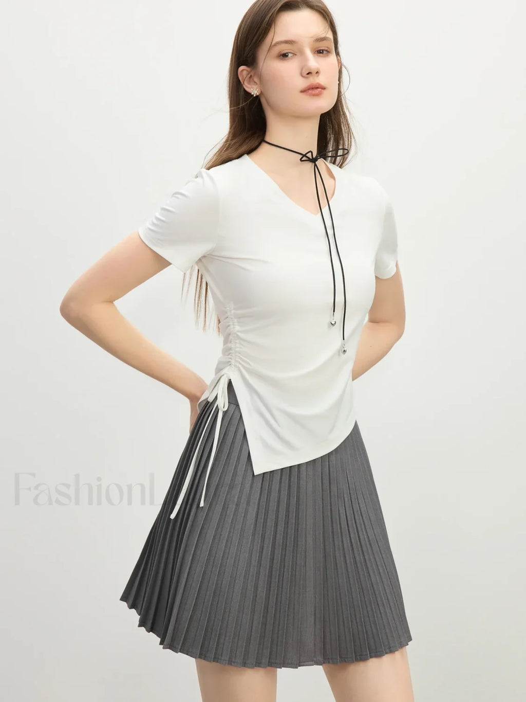 Cooling V Neck Drawstring Crop T Shirt
