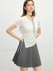 Cooling V Neck Drawstring Crop T Shirt