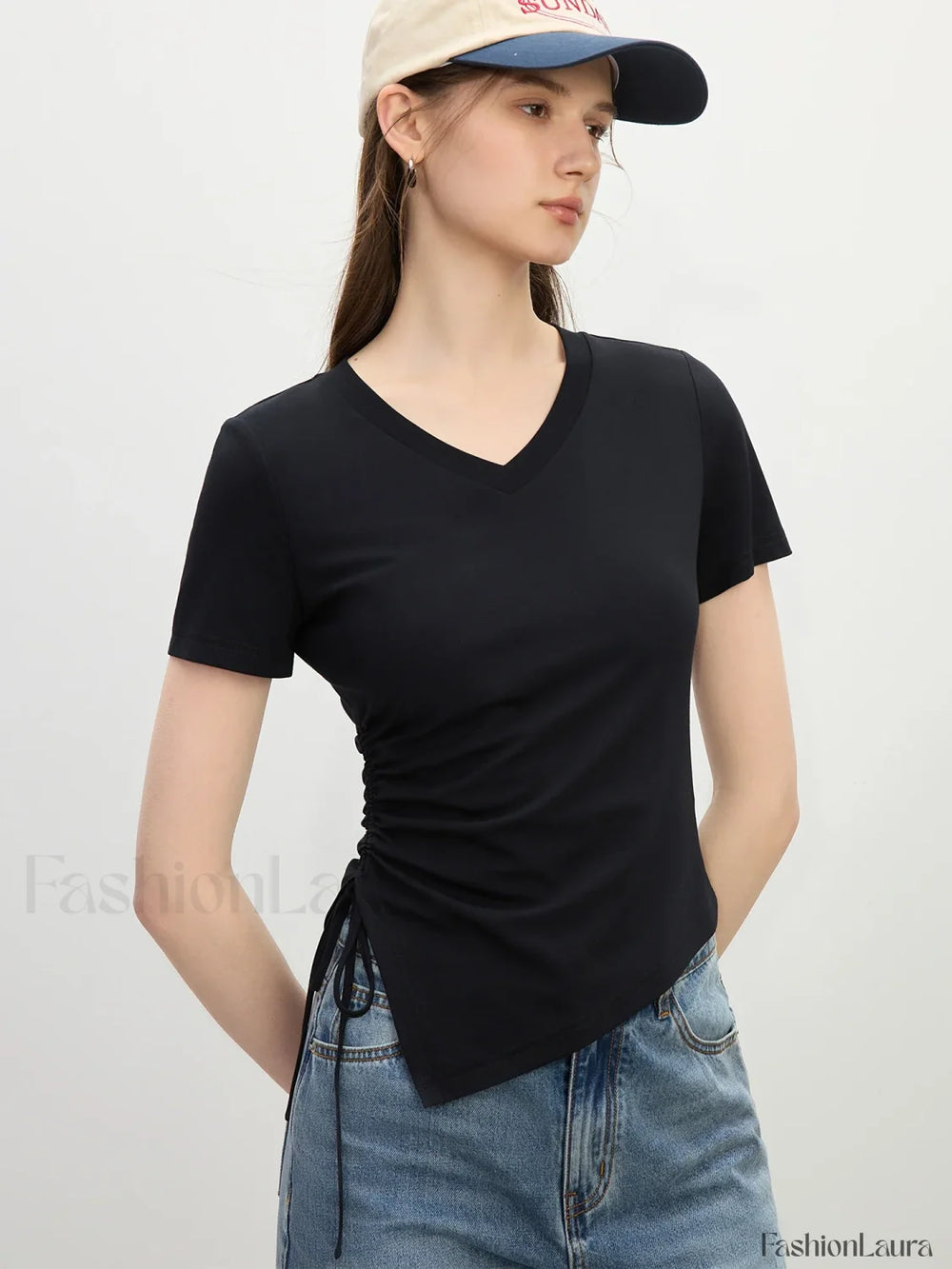 Cooling V Neck Drawstring Crop T Shirt