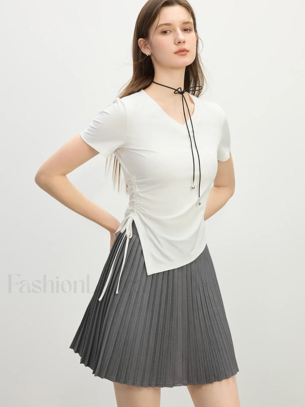 Cooling V Neck Drawstring Crop T Shirt