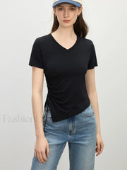Cooling V Neck Drawstring Crop T Shirt Black / S