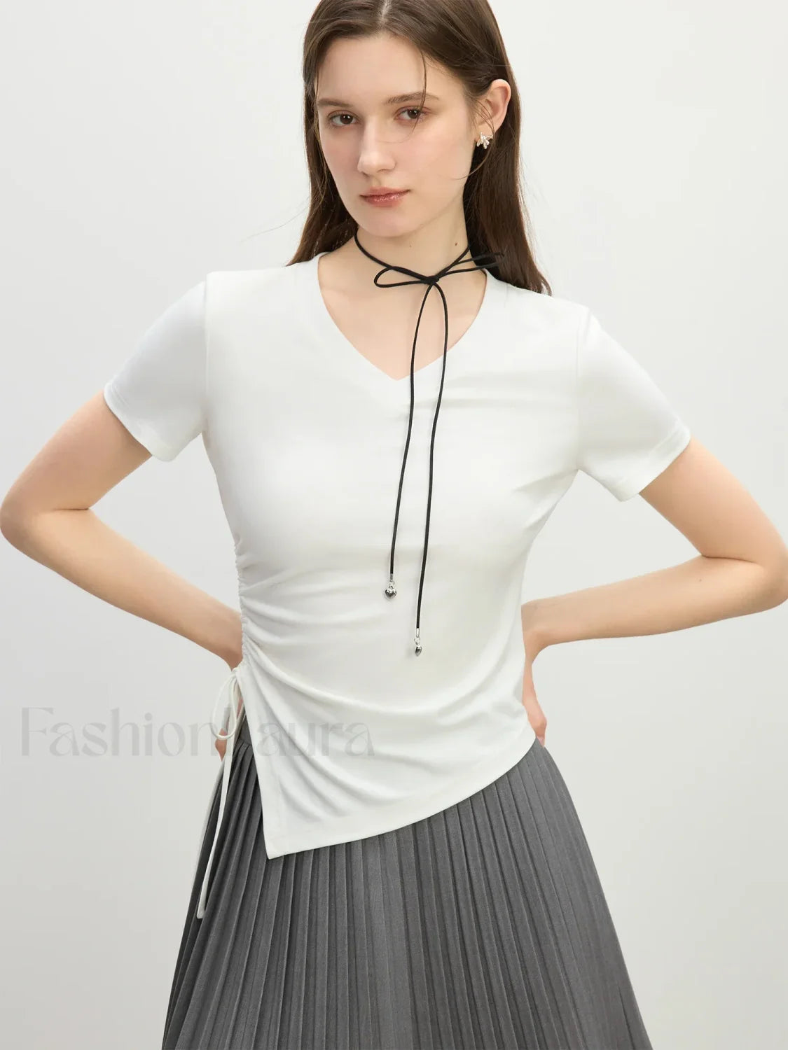 Cooling V Neck Drawstring Crop T Shirt WHITE / S Main image