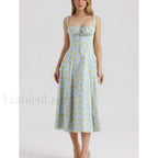 Corset Lacing Bandage Floral Dress Lake Blue / S