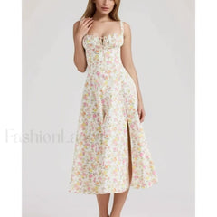 Corset Lacing Bandage Floral Dress Pink / S