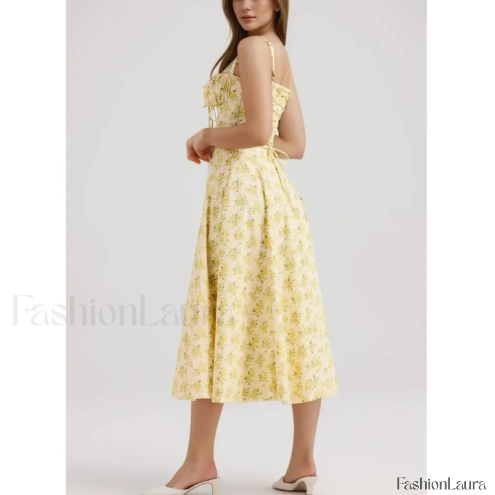 Corset Lacing Bandage Floral Dress Yellow / S