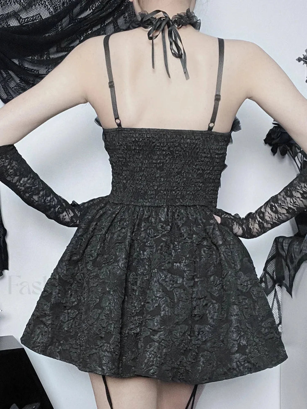 Corset Rose Print Mini Backless Lace A Line Black Shirring Slip Nightclub Patchwork Dress