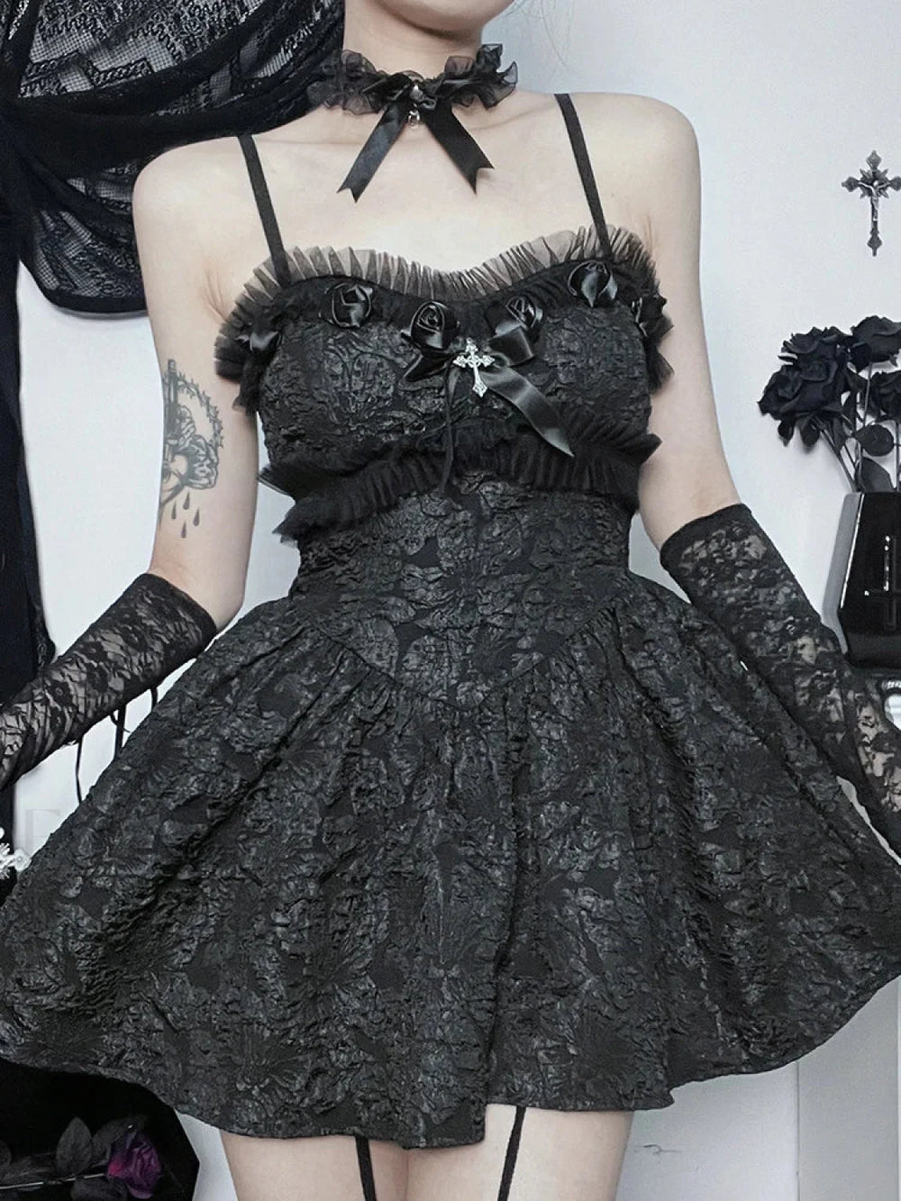 Corset Rose Print Mini Backless Lace A Line Black Shirring Slip Nightclub Patchwork Dress Black / S