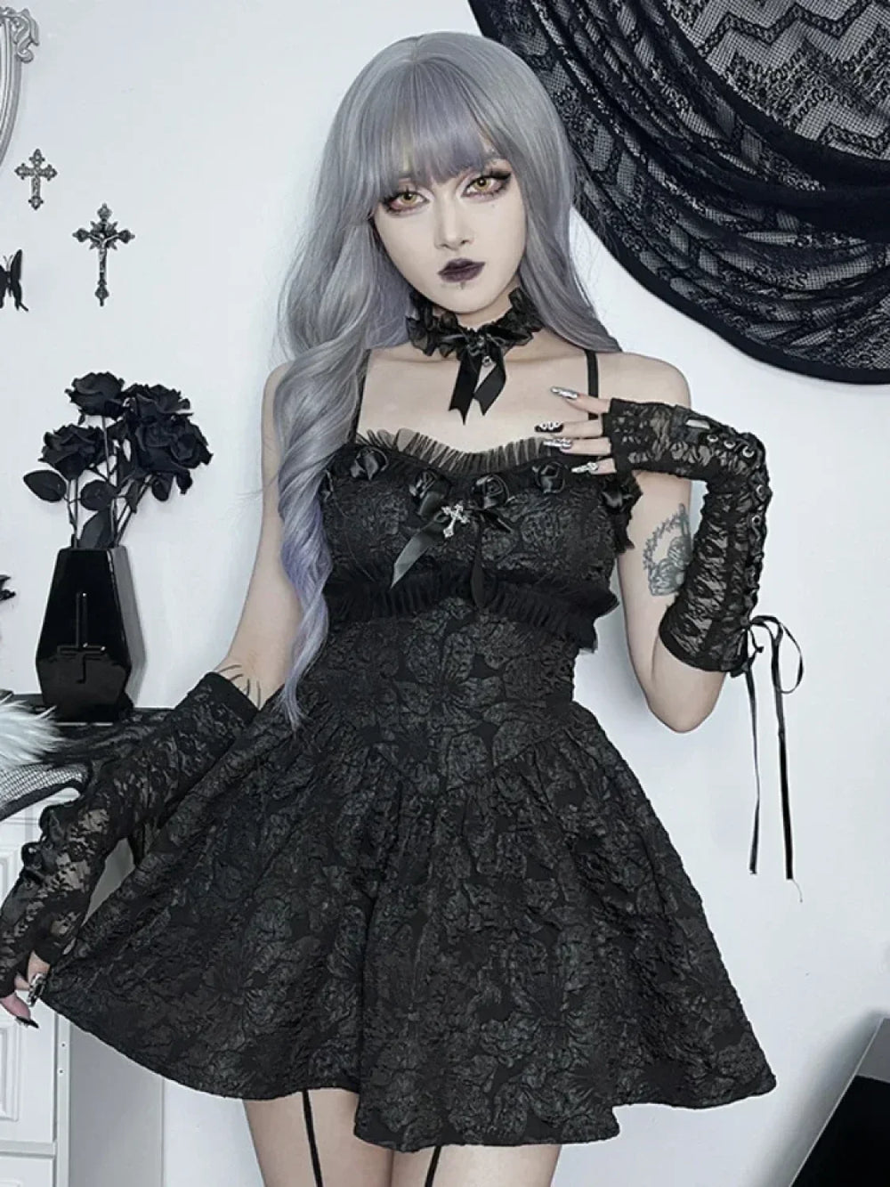 Corset Slip Nightclub Rose Lace Shirring Mini Black Backless Dress Print Patchwork Party A Line Dress