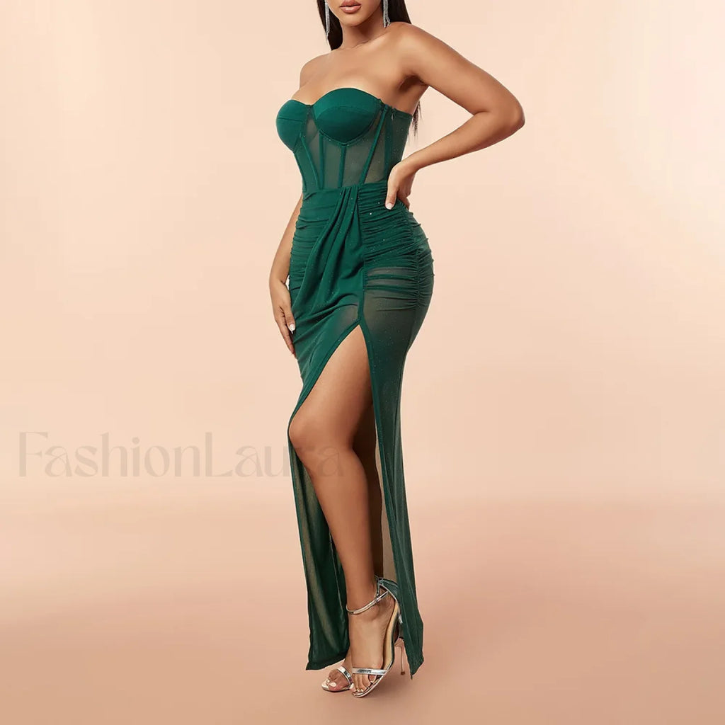 Corset Slit Folds Maxi Dress