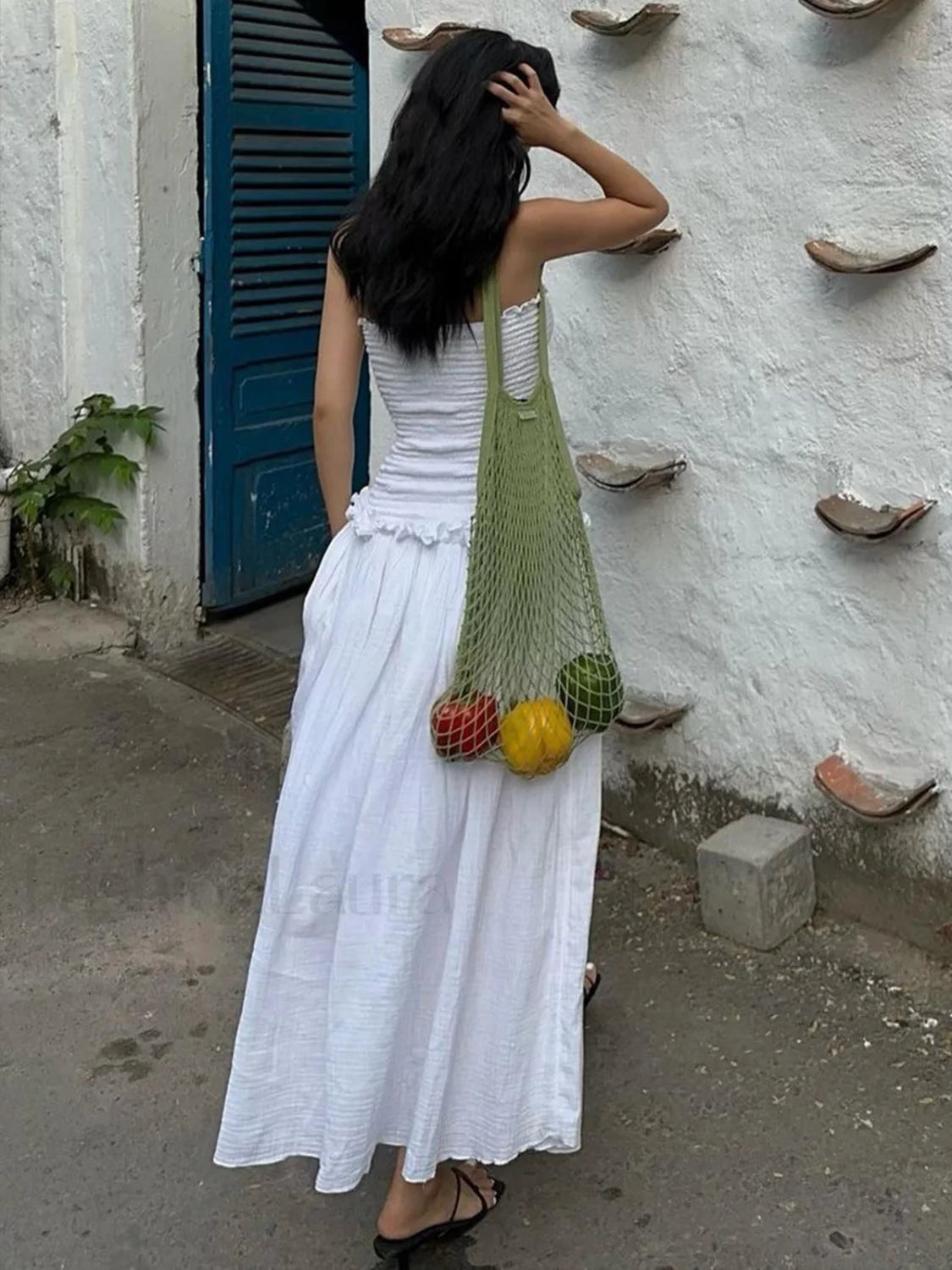Cotton Blends Shirred Tube Long Dress Dresses