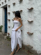 Cotton Blends Shirred Tube Long Dress Dresses