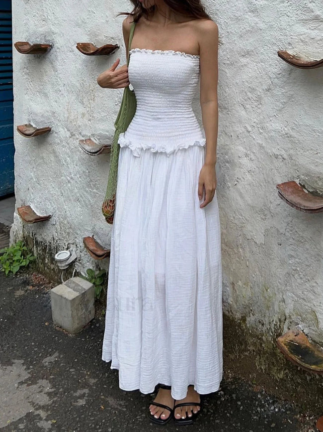 Cotton Blends Shirred Tube Long Dress White / XS Dresses Main image