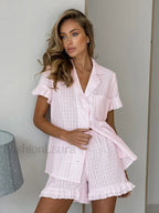 Cotton Collar Short Sleeve Shorts Two Piece Set Pink / S