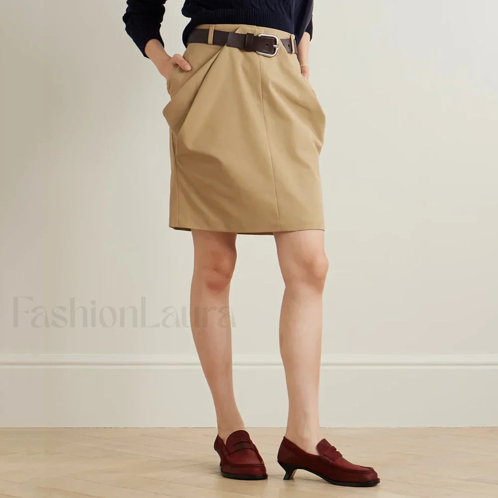 Cotton Drape Peplum Belted Skirt BROWN / S