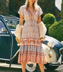 Cotton Drawstring Midi Boho Dress