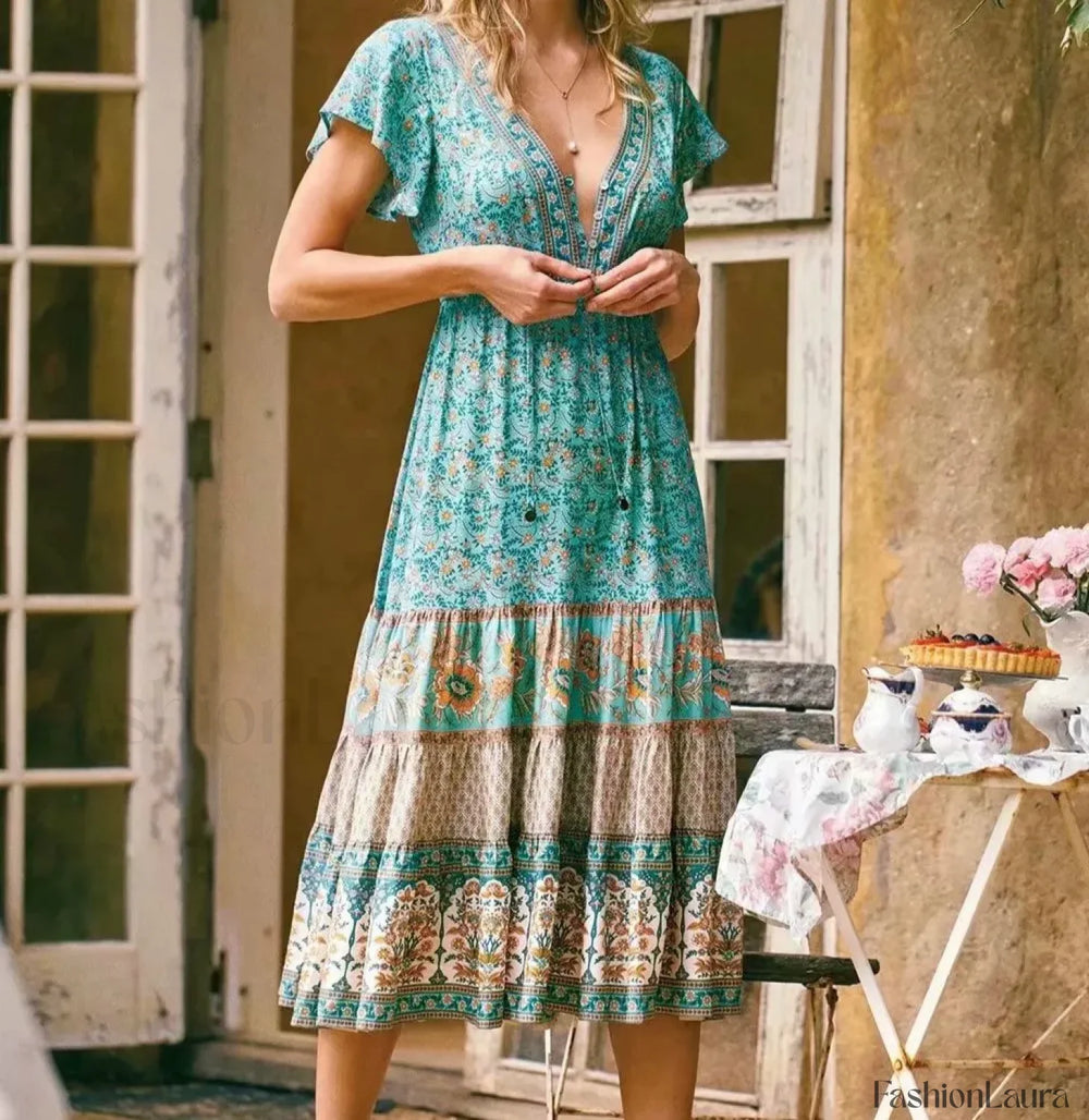 Cotton Drawstring Midi Boho Dress