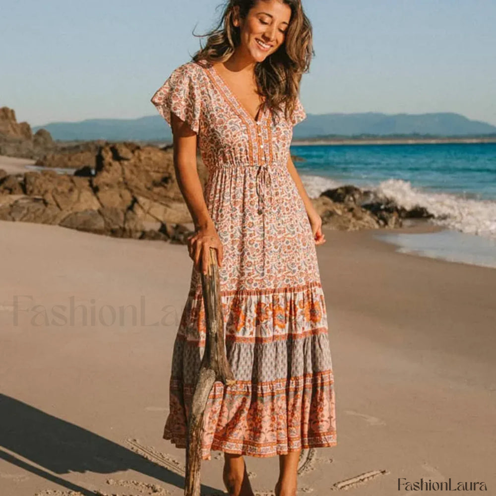Cotton Drawstring Midi Boho Dress