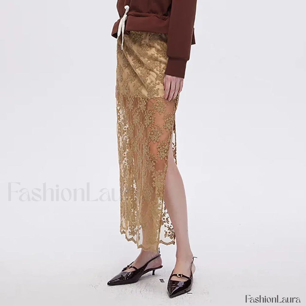 Cotton Embroidery Side Slit Skirt BROWN / S