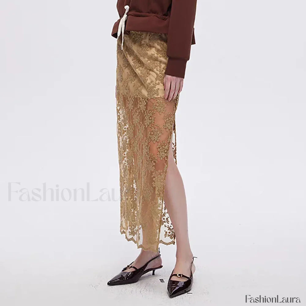 Cotton Embroidery Side Slit Skirt BROWN / S