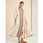 Cotton Flare Sleeve Boho Dress Beige / S