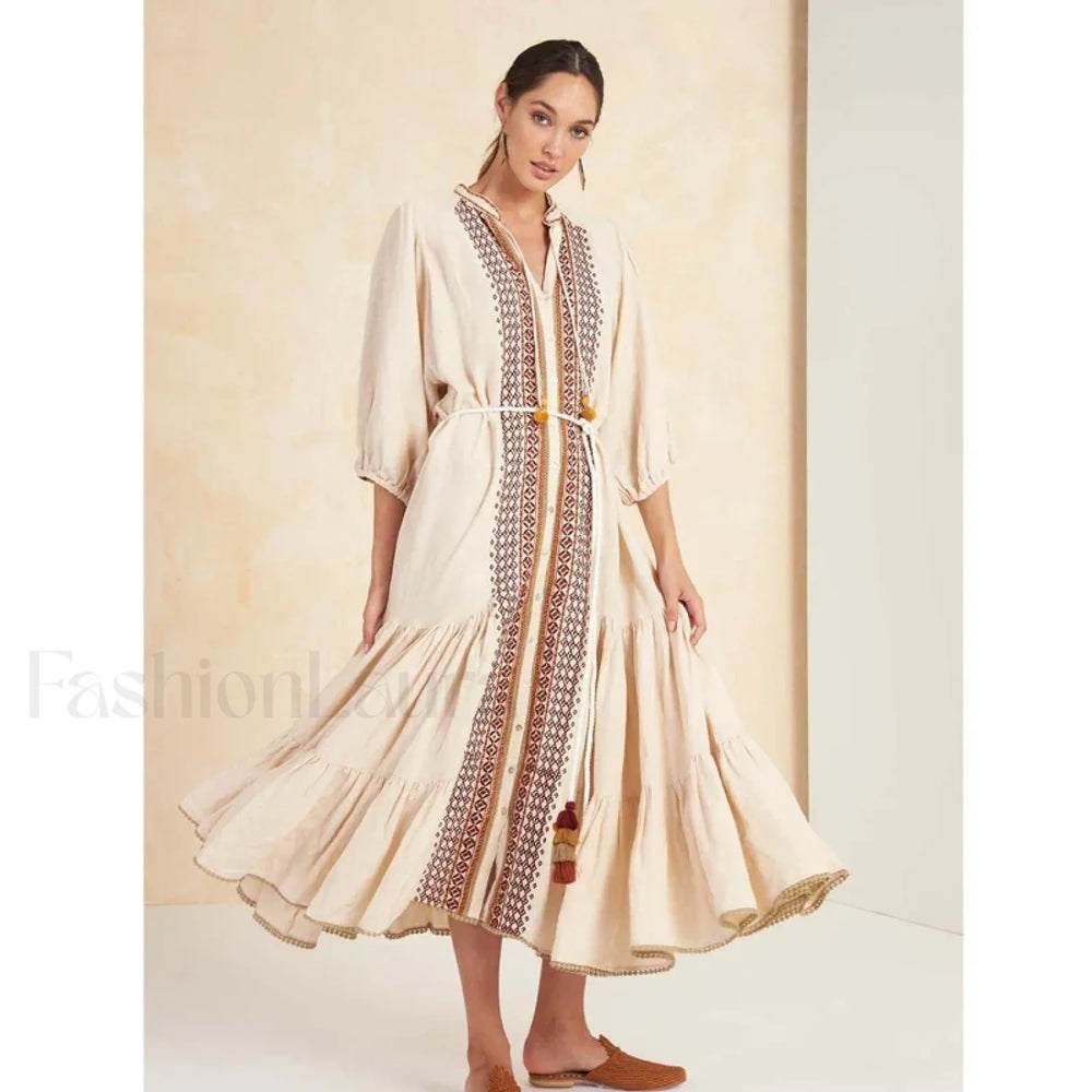 Cotton Flare Sleeve Boho Dress Beige / S