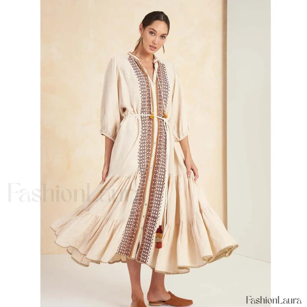 Cotton Flare Sleeve Boho Dress Beige / S