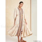 Cotton Flare Sleeve Boho Dress Beige / S