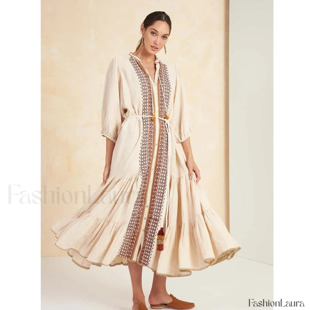 Cotton Flare Sleeve Boho Dress Beige / S
