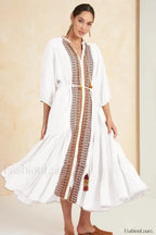 Cotton Flare Sleeve Boho Dress WHITE / S