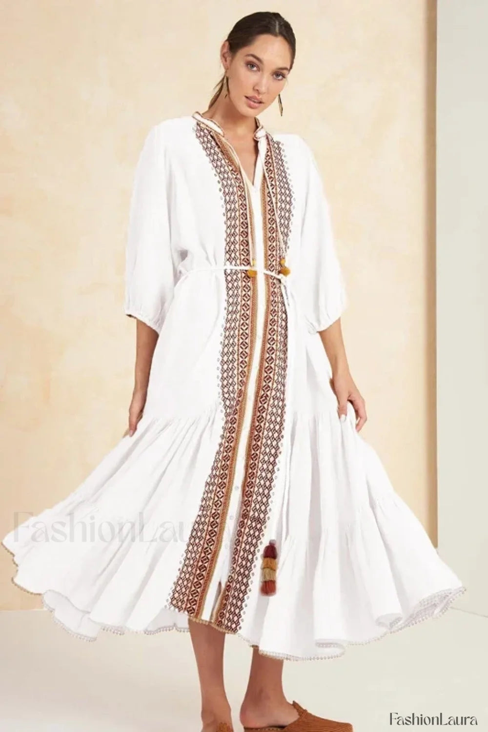 Cotton Flare Sleeve Boho Dress WHITE / S