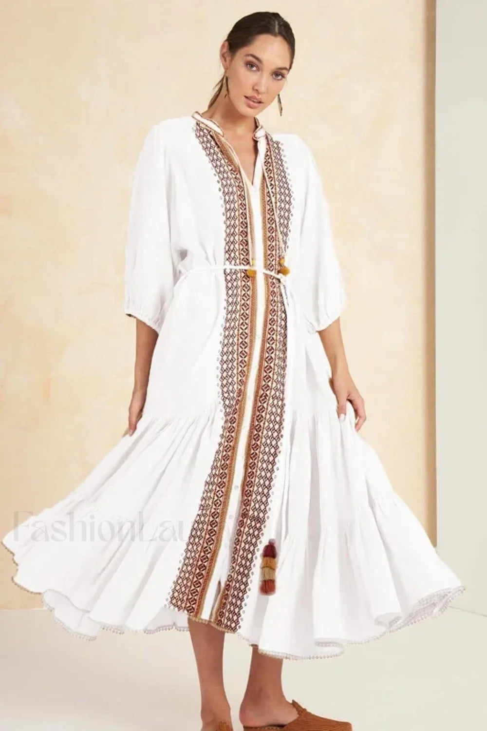 Cotton Flare Sleeve Boho Dress WHITE / S