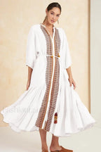 Cotton Flare Sleeve Boho Dress WHITE / S