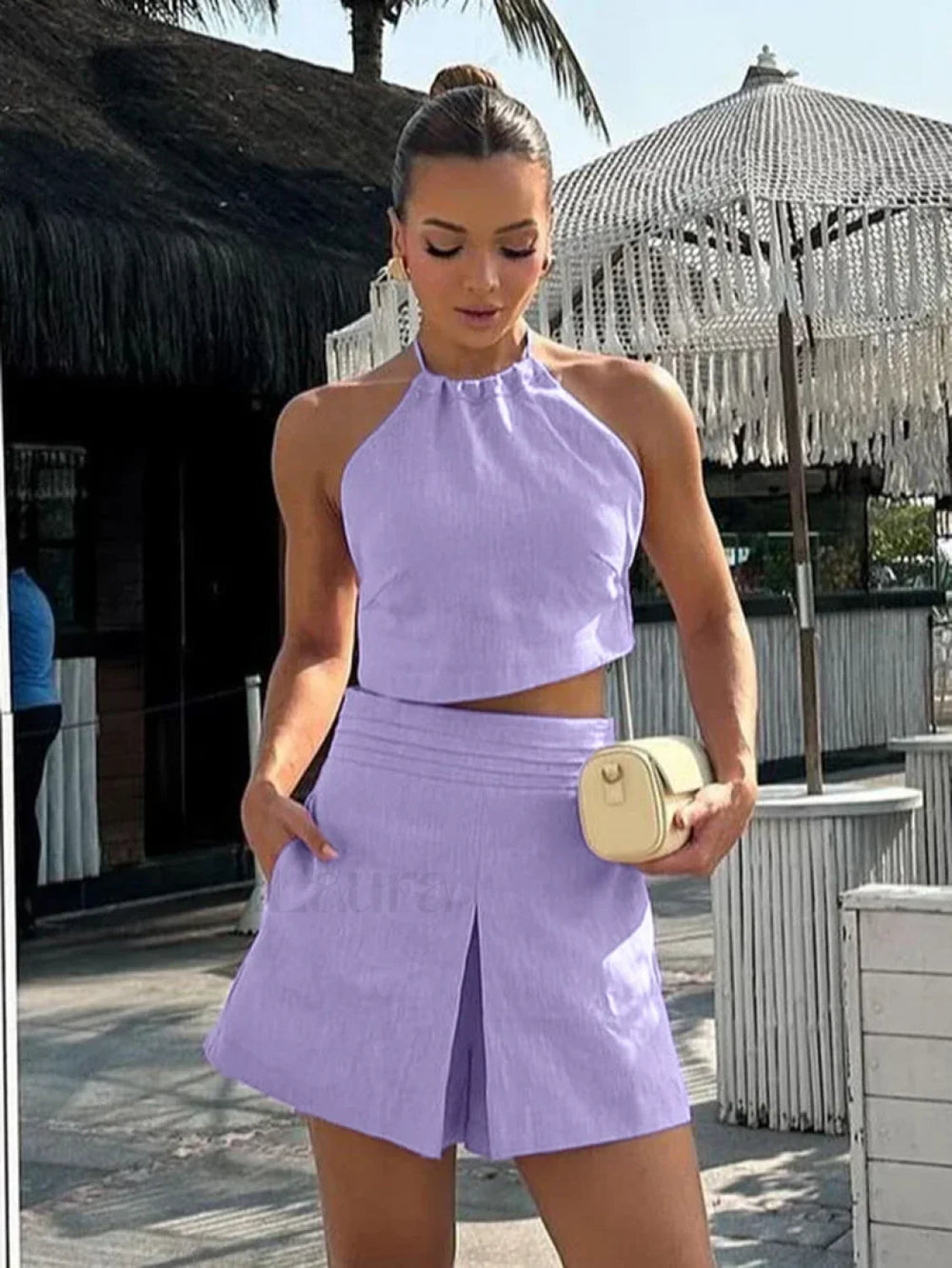 Cotton Halter Crop Shorts Two Piece Set