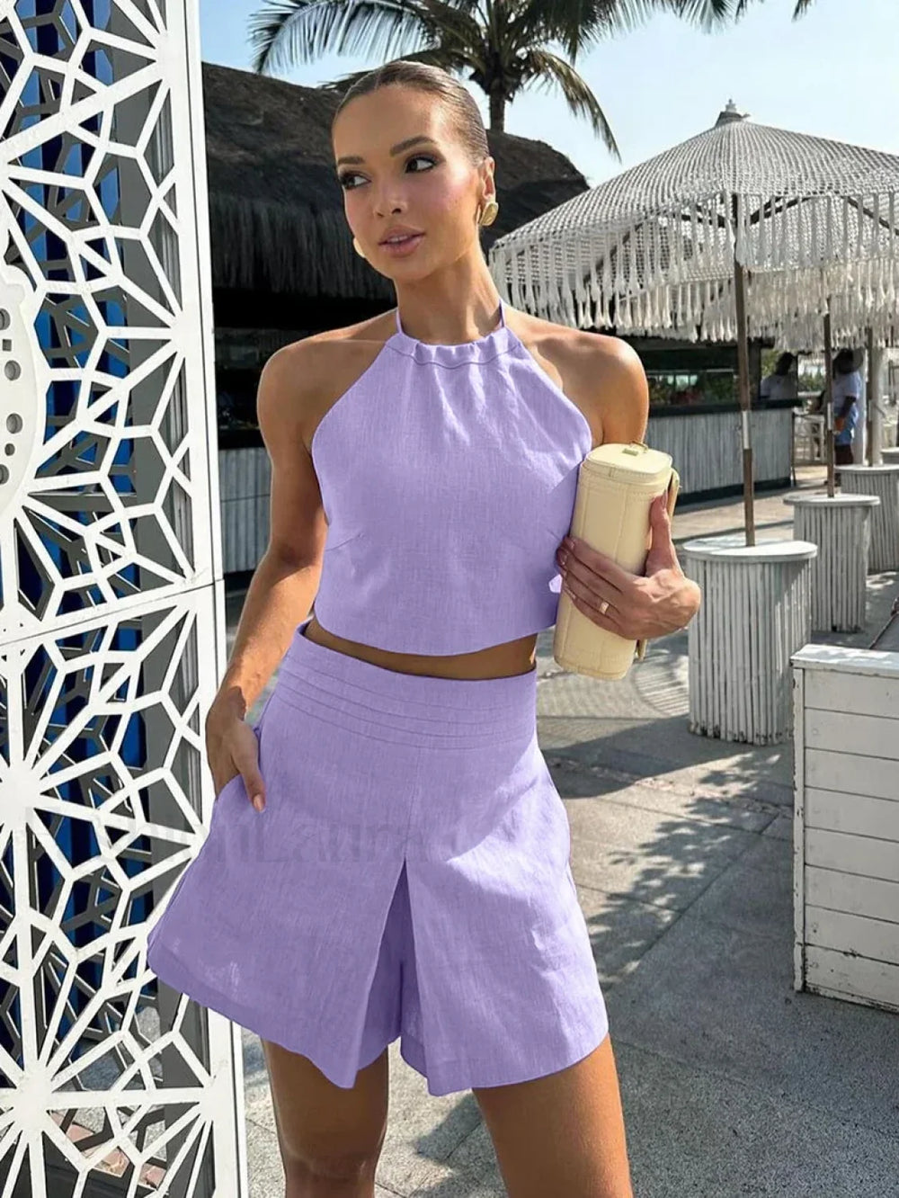 Cotton Halter Crop Shorts Two Piece Set