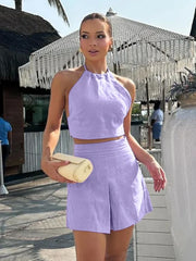 Cotton Halter Crop Shorts Two Piece Set PURPLE / S
