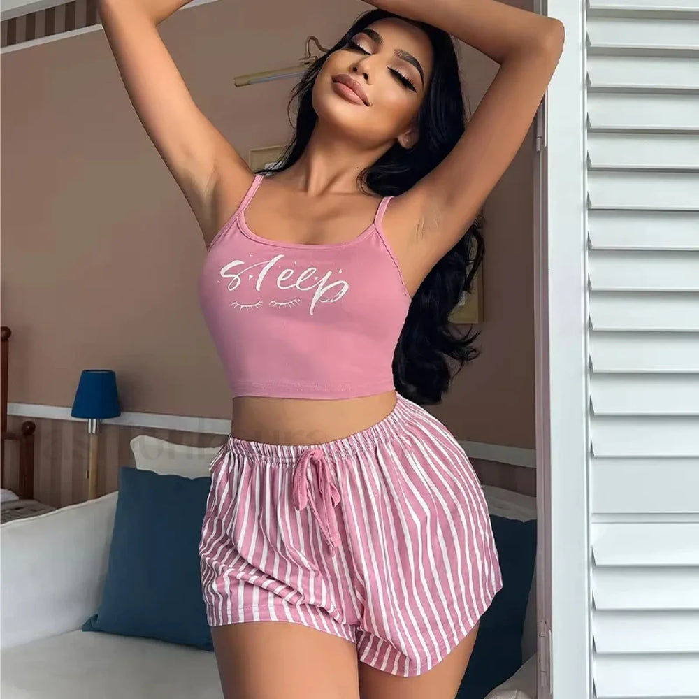 Cotton Home Clothes Tops Shorts Two Piece Set