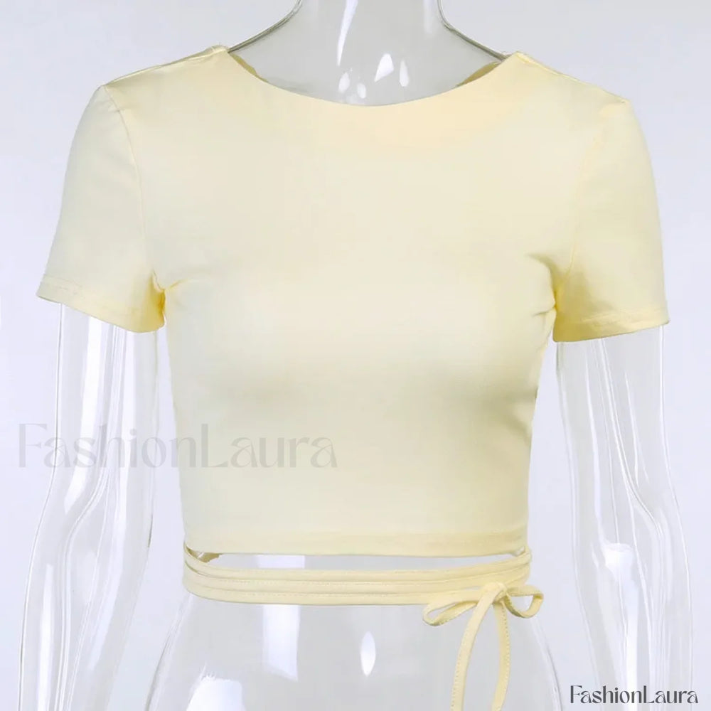 Cotton Lace Up Cross Backless Bodycon Club Party Elegant Short Sleeve Tee