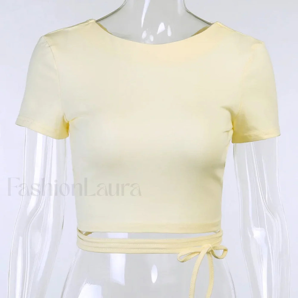 Cotton Lace Up Cross Backless Bodycon Club Party Elegant Short Sleeve Tee