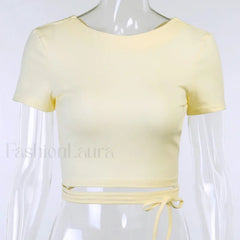 Cotton Lace Up Cross Backless Bodycon Club Party Elegant Short Sleeve Tee