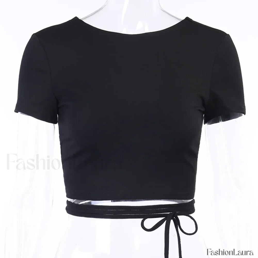 Cotton Lace Up Cross Backless Bodycon Club Party Elegant Short Sleeve Tee Black / S
